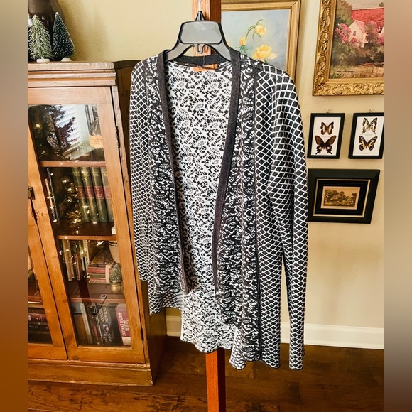 Belldini draped open front cardigan long sleeve cotton blend SZ M black white - Picture 3 of 9